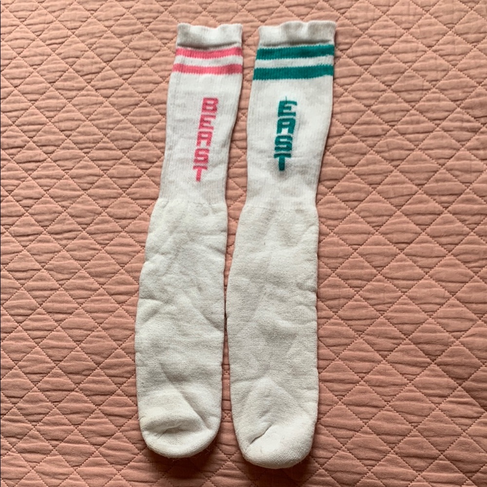 VINTAGE - Beast of the East White Crew Socks with Pink and Green Stripes